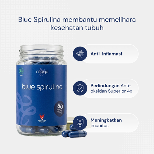 NILAYA Blue Spirulina Capsules — 80 Caps | Pure Phycocyanin | BPOM & Halal | Eco Glass Bottle