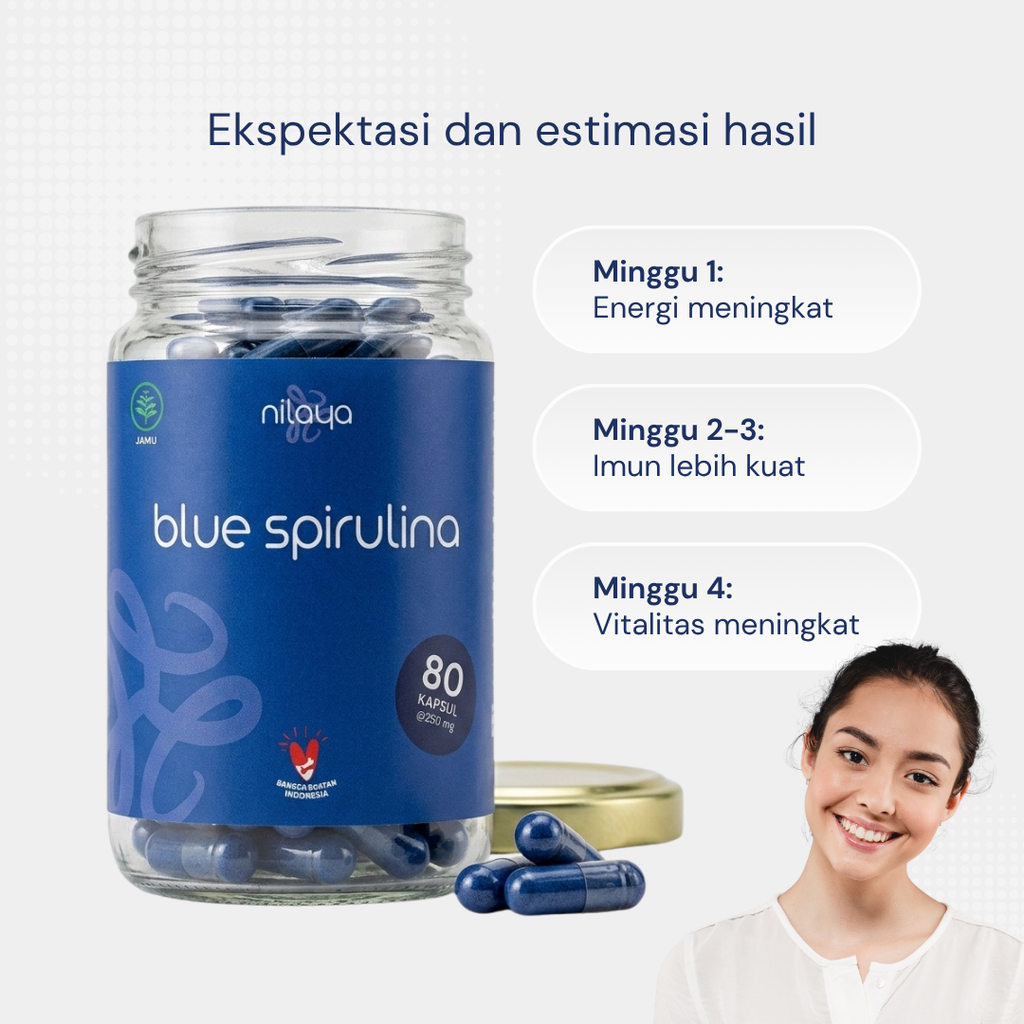 NILAYA Blue Spirulina Capsules — 80 Caps | Pure Phycocyanin | BPOM & Halal | Eco Glass Bottle