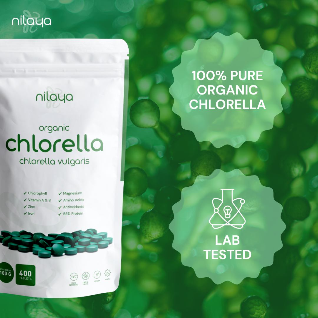 NILAYA Organic Chlorella Tablets 100g — 400 Tablets | Detox Superfood | USDA Organic & Halal