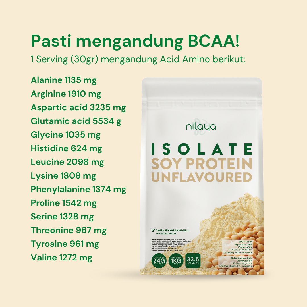 NILAYA Isolate Soy Protein Unflavored 1kg | Pure Protein with Stevia | BPOM Non-GMO Vegan