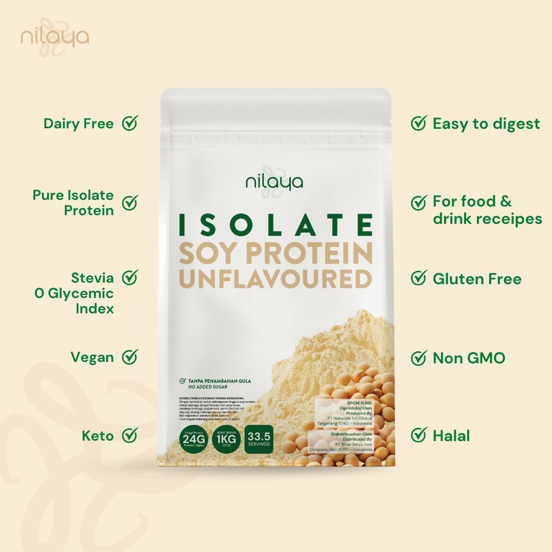 NILAYA Isolate Soy Protein Unflavored 1kg | Pure Protein with Stevia | BPOM Non-GMO Vegan