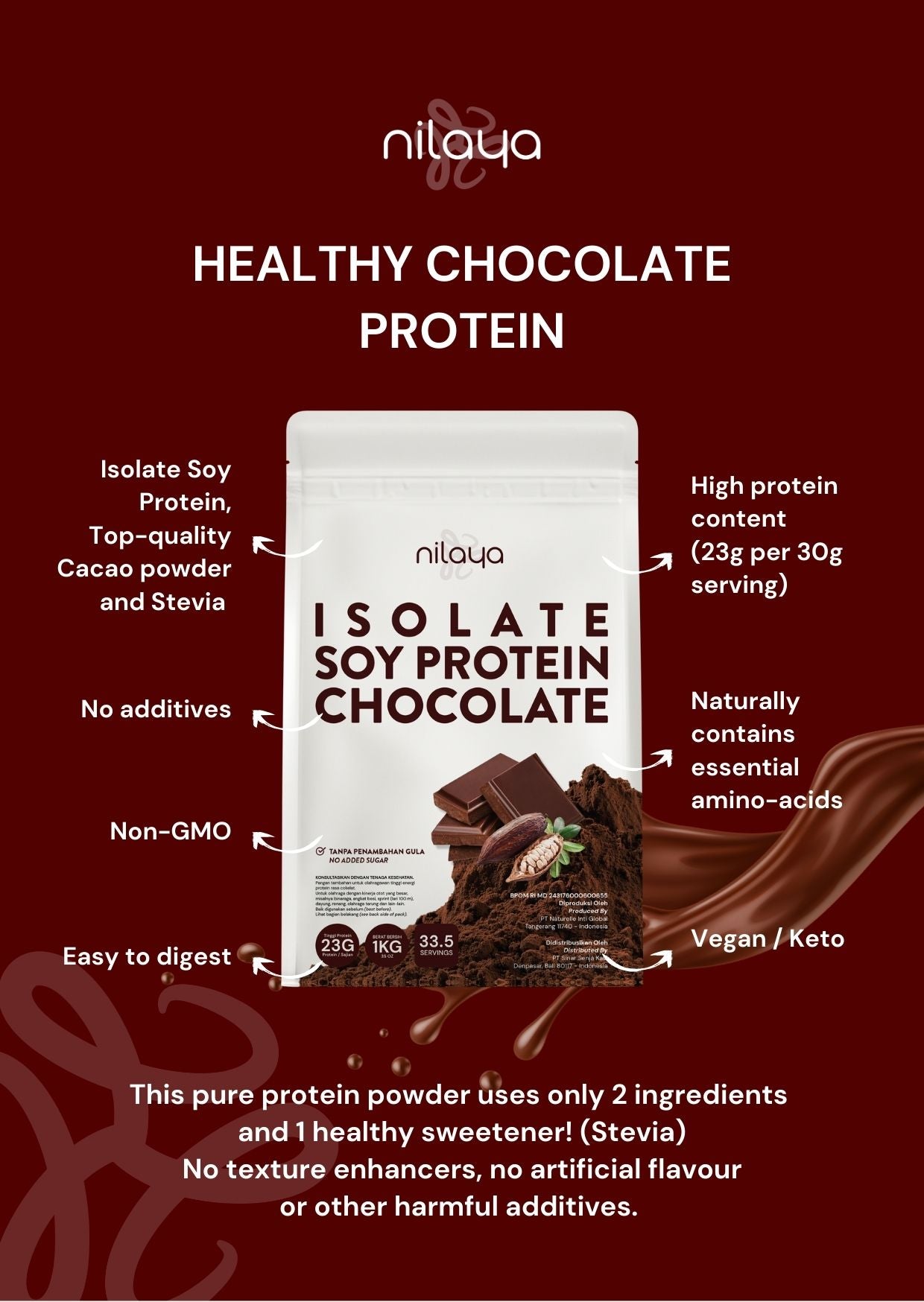 NILAYA Isolate Soy Protein Cacao & Stevia 1kg | 24g Protein/Serving | Non-GMO Vegan Keto