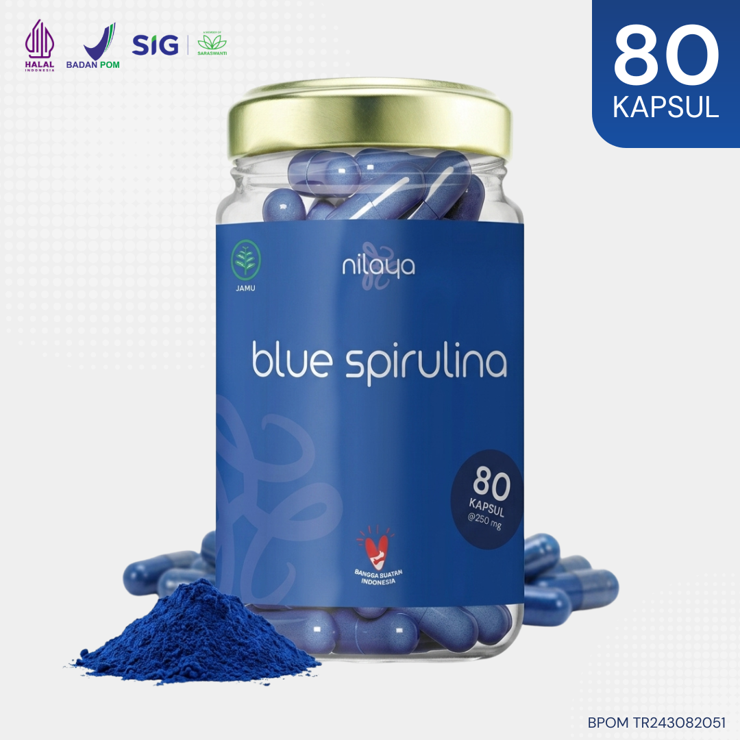 NILAYA Blue Spirulina Capsules — 80 Caps | Pure Phycocyanin | BPOM & Halal | Eco Glass Bottle