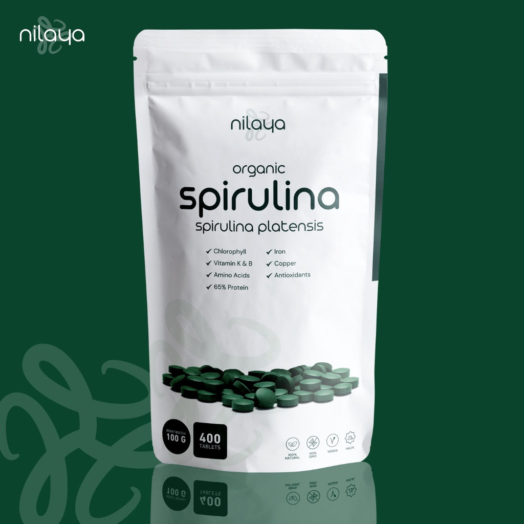 NILAYA Organic Spirulina Tablets 100g — 400 Tablets | Highest Protein Superfood | BPOM & Halal Certified