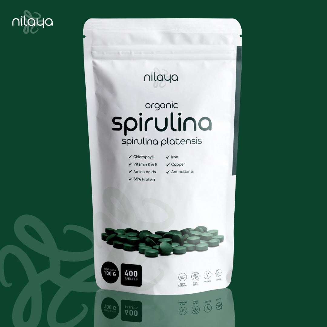 NILAYA Organic Spirulina Tablets 100g — 400 Tablets | Highest Protein Superfood | BPOM & Halal Certified