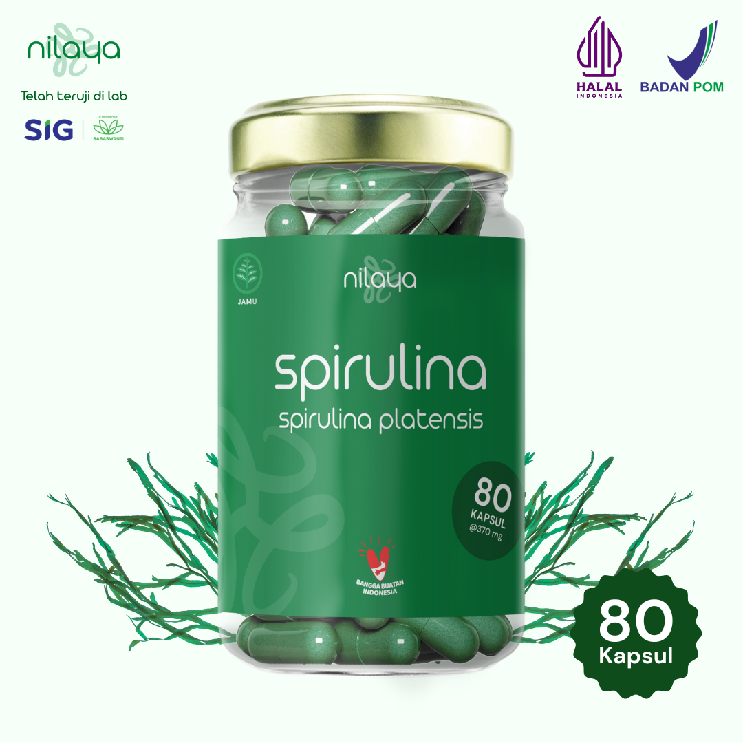 NILAYA Organic Spirulina Capsules — 80 Caps | Halal & BPOM Certified | Glass Bottle | Premium Superfood