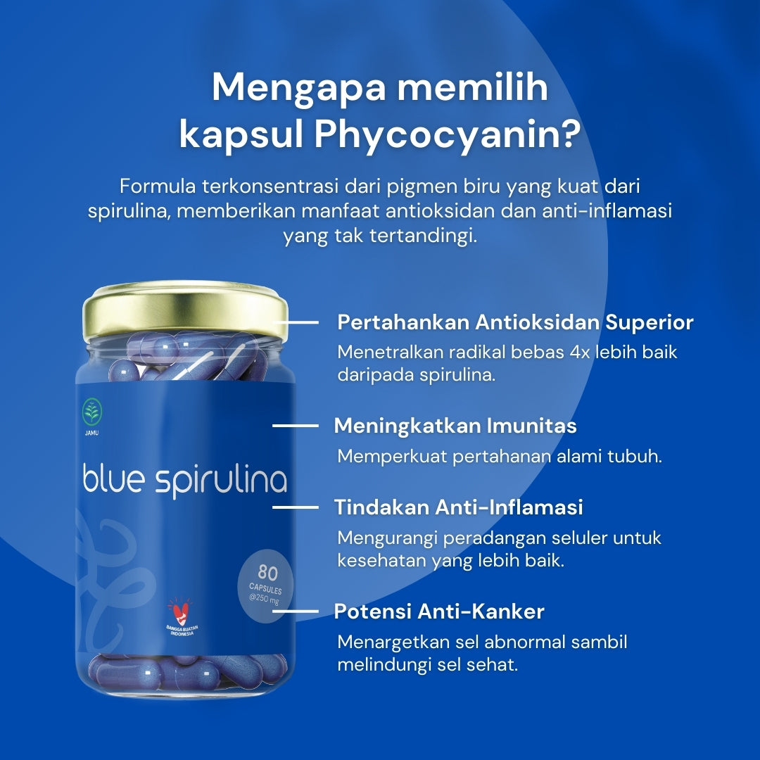 NILAYA Blue Spirulina Capsules — 80 Caps | Pure Phycocyanin | BPOM & Halal | Eco Glass Bottle