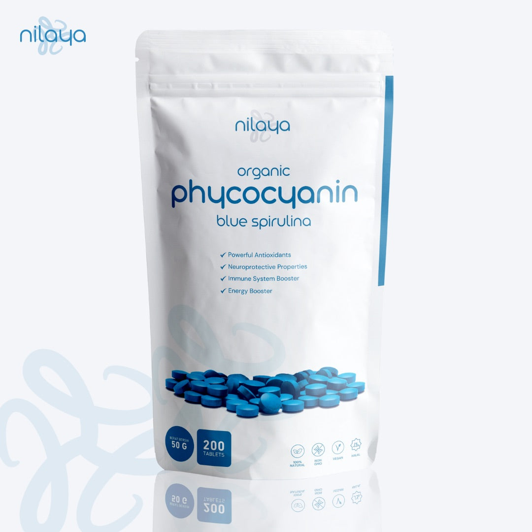 NILAYA Blue Spirulina Tablets (Phycocyanin) 50g — 200 Tablets | Pure Antioxidant Extract