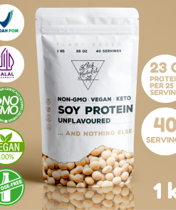 Non-GMO Vegan Isolate Soy Protein Unflavoured and nothing else 1kg white pouch on soybeans color background