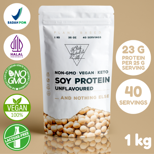 Non-GMO Vegan Isolate Soy Protein Unflavoured and nothing else 1kg white pouch on soybeans color background