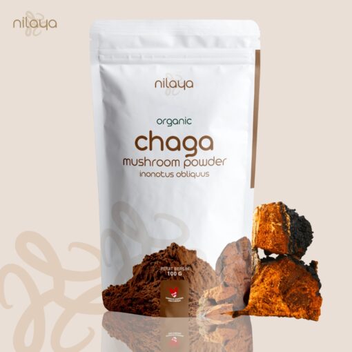 nilaya chaga mushroom powder from fruiting body, organic, halal, BPOM